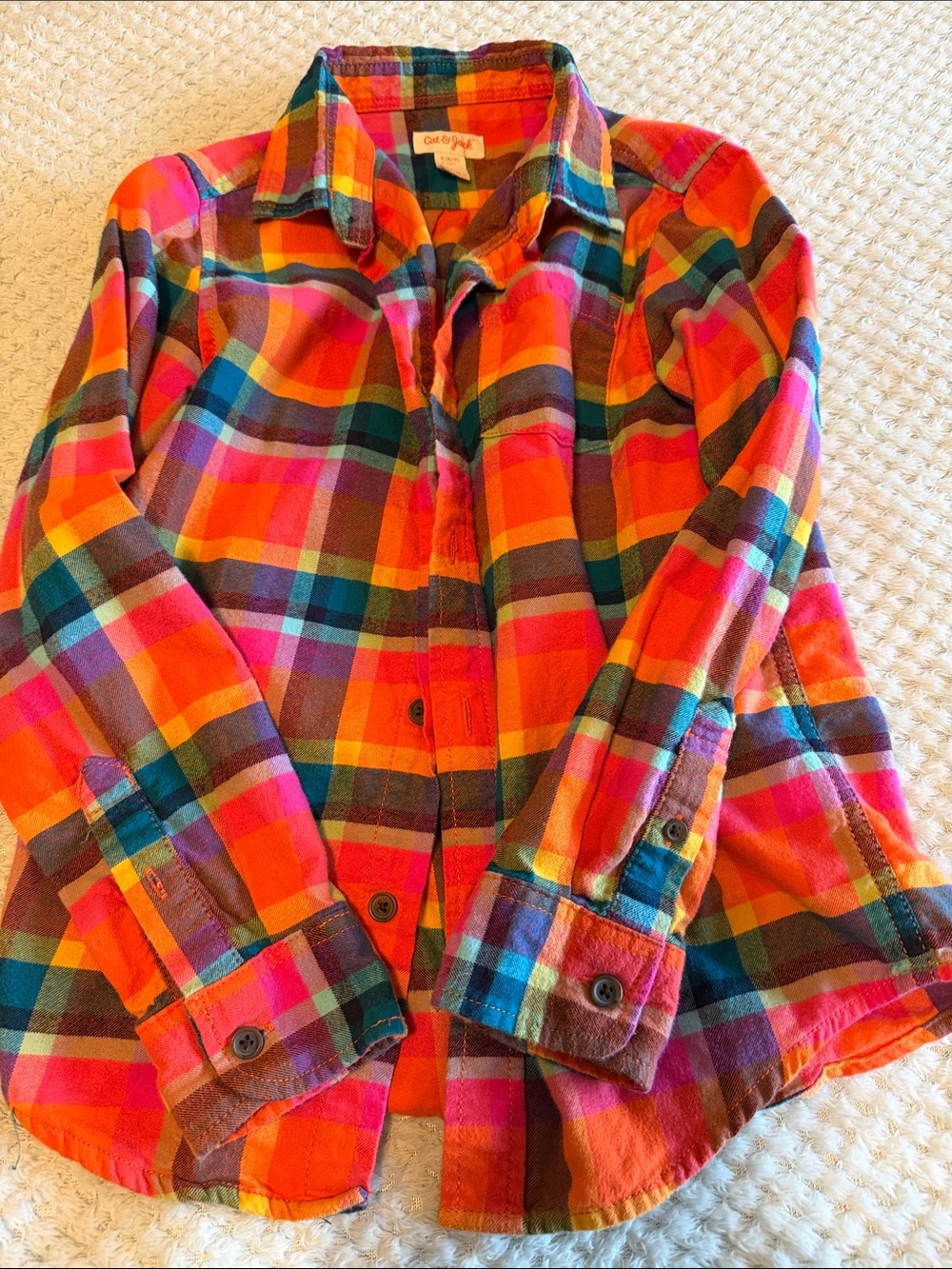 Cat & Jack Multicolor Plaid Button-Down Shirt — Orange, Pink & Teal